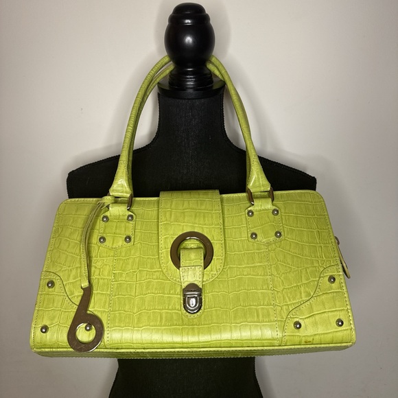 Handbags - Lime Green Croc Embossed Shoulder Bag Y2K Retro 2000s Style Metal Ring Detail
